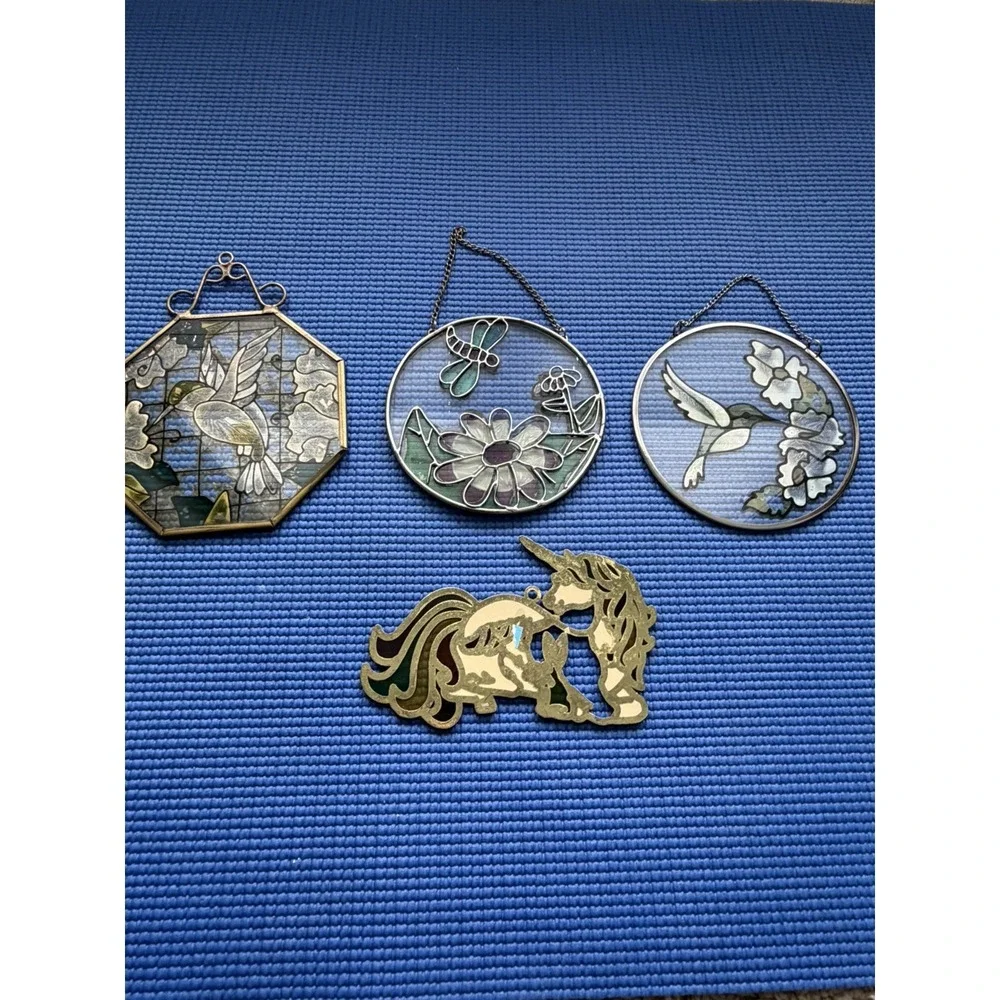 Set of 4 Stained Glass Hanging Panels – Butterfly & Hummingbird & unicorn